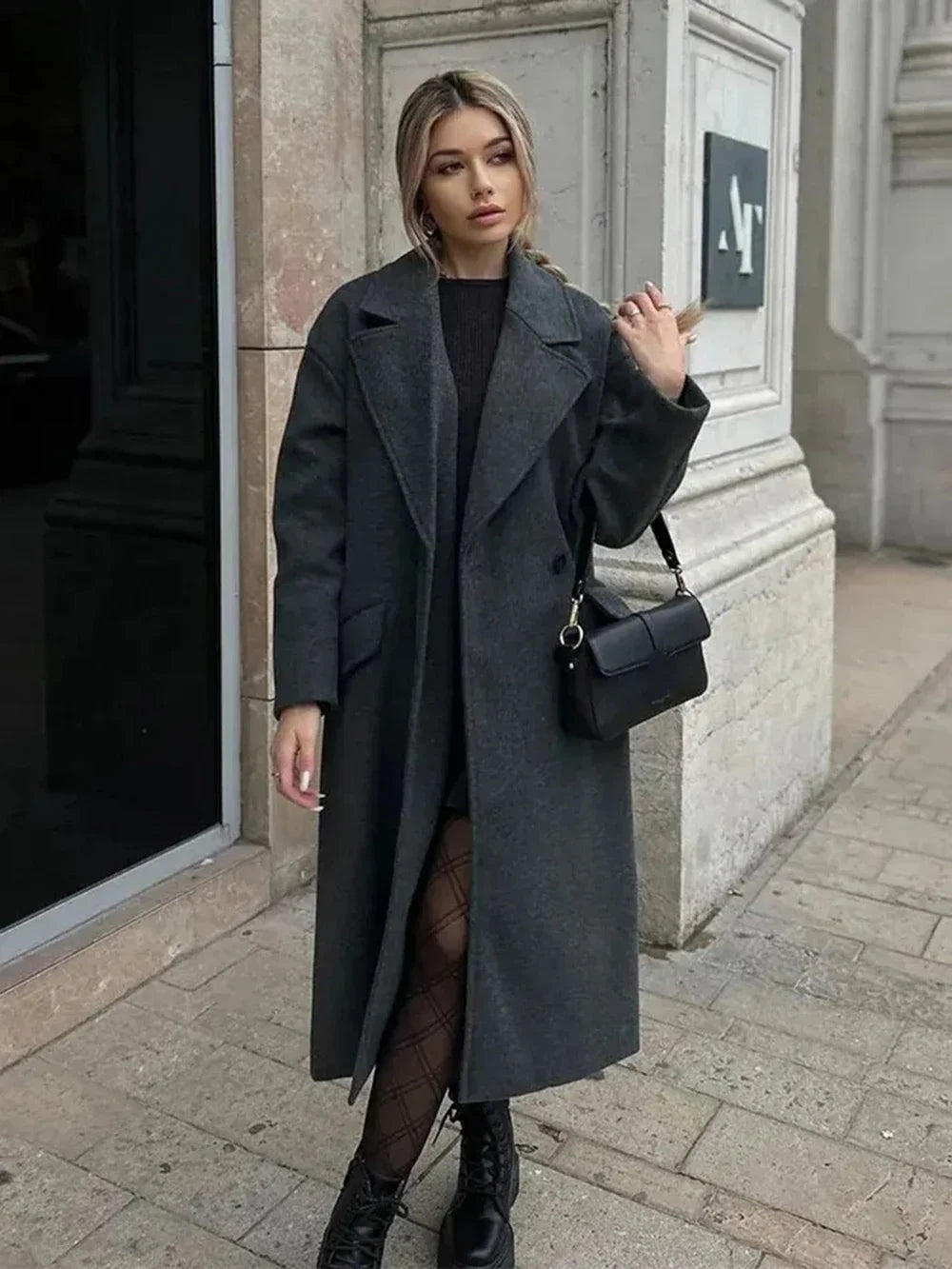 Women's Fashion Casual Loose Long Coat Coat Autumn and Winter Double-breasted Lapel Coat Warm and Soft Solid Colour Coat