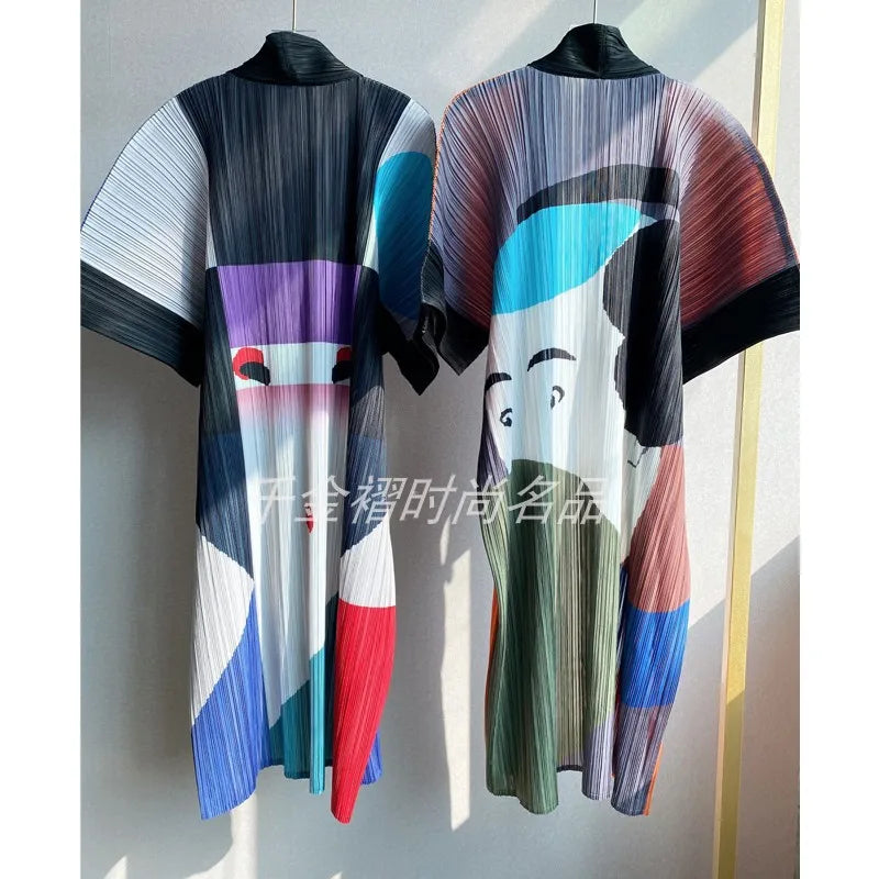 Women Printed Trench Miyake Pleated Fashion Printed Loose Plus Size Japan Style Belt Female Long Coats Tide