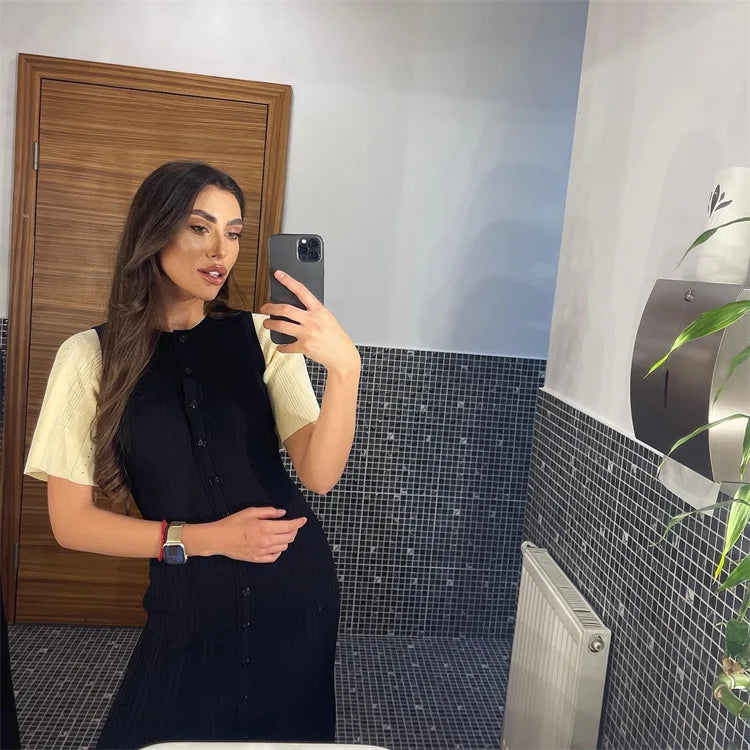 Elegant Knitted Single Breasted Midi Dress Women's Patchwork Dresses Female 2025 Summer Robe New Black Beige Robes Evening Party