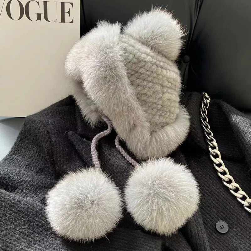 Real Mink Fur Hat For Women Winter Natural Fur Lei Feng Hat With Fox Fur Ball Thicked Ear Protection Hat Female Hand Knitted Hat