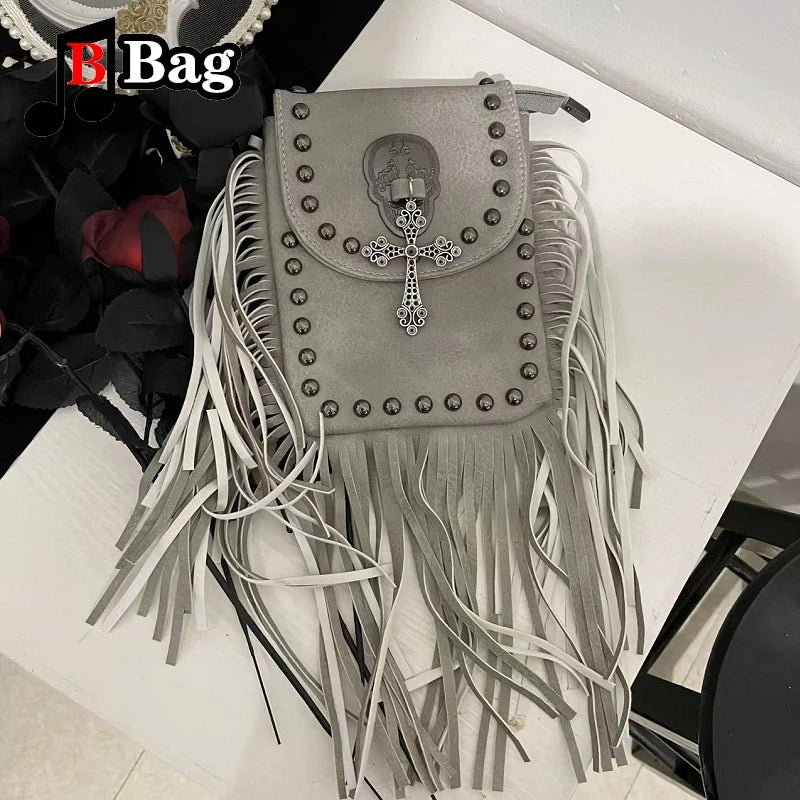 Vintage PU Leather Tassels Bags Y2K Women Girl Gemstone Fringed Shoulder Bags Female Punk Cross Messenger Bags phone bag