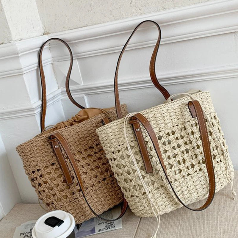 Summer Woven Straw Bucket Bag For Women Travel Beach Bags Large Capacity Armpit Bags Bohemia Knitted Shopping Totes Bolsa sac