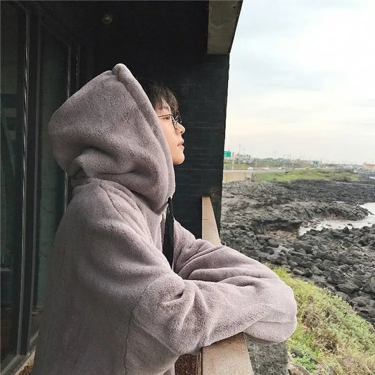 2023 Autumn New Light Luxury Fashion Hooded Sweater Men Loose Long-sleeved Warm Plush Jacket Top Boutique Clothing Simple Style