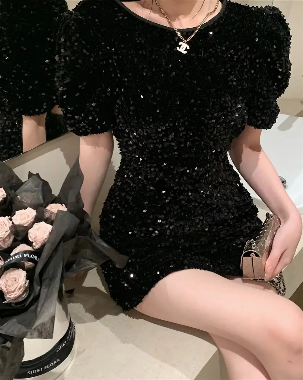 Korejpaa Sexy Dress Women Korean Style Backless Black Dresses Spring Summer Sequin Short Sleeve Slim Waist Vestidos Femme