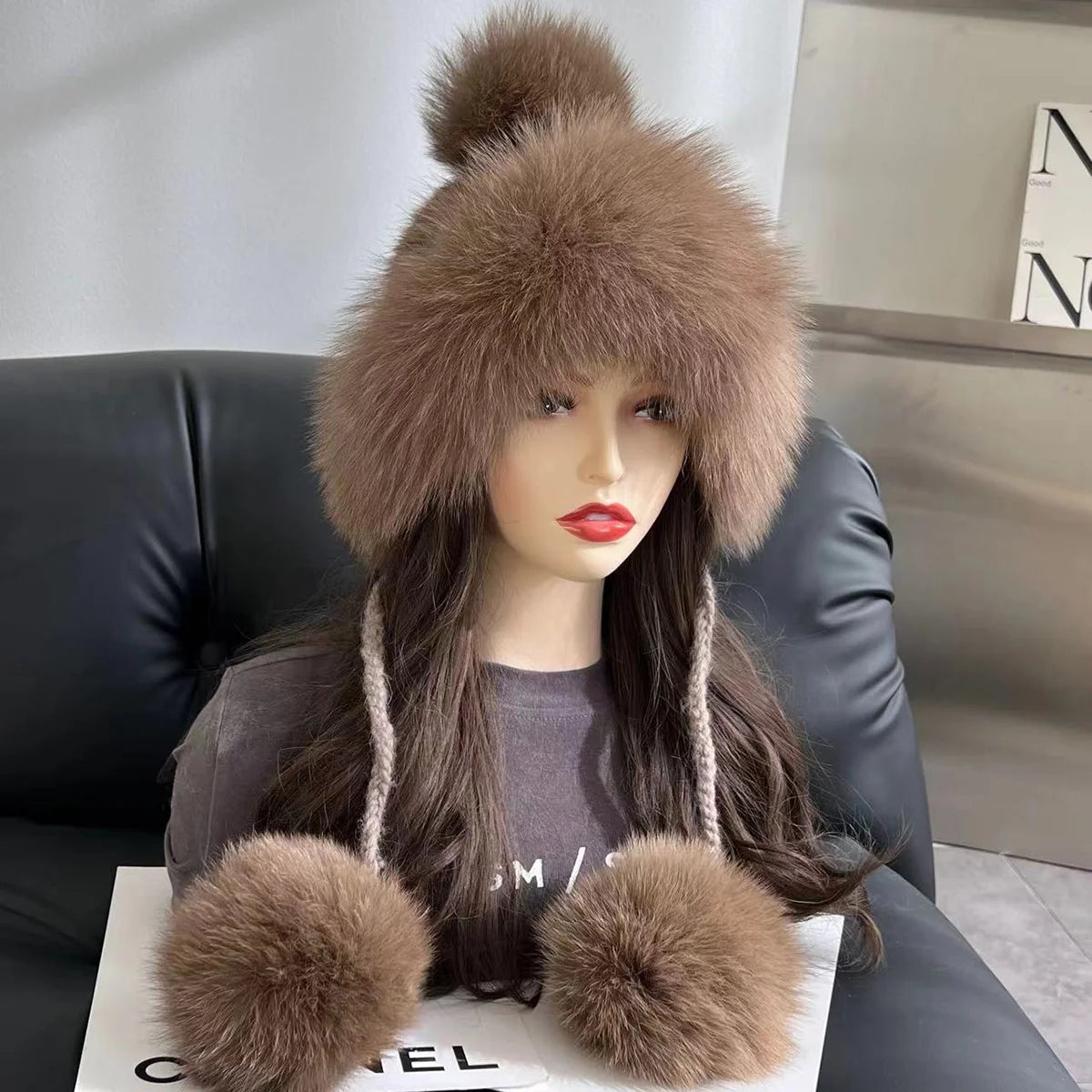 Real Mink Fur Hat For Women Winter Natural Fur Lei Feng Hat With Fox Fur Ball Thicked Ear Protection Hat Female Hand Knitted Hat