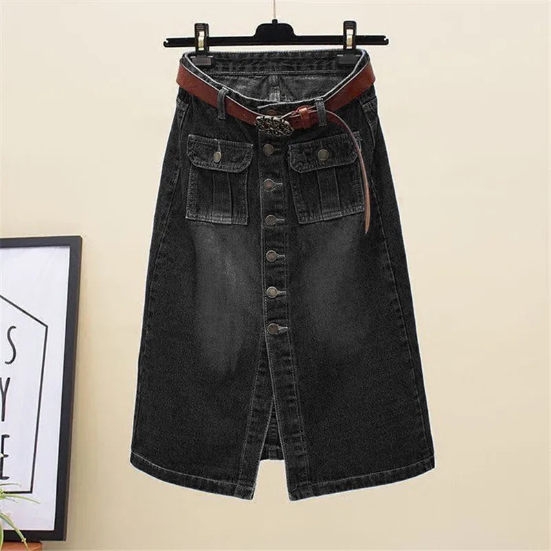 2024 Women Spring Autumn New Front Split Denim Sheath Skirts Female Single-Breasted Midi Skirts Ladies High Waist Pencil Skirts