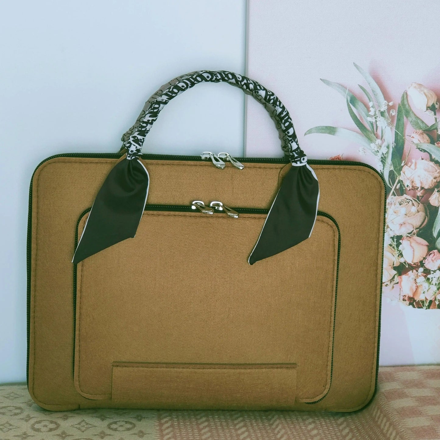 Wool Felt Laptop Bag 13 14 15 15.6 Inch Sleeve Case Women Briefcase with Silk Scarf for Macbook Microsoft Lenovo DELL HP ASUS