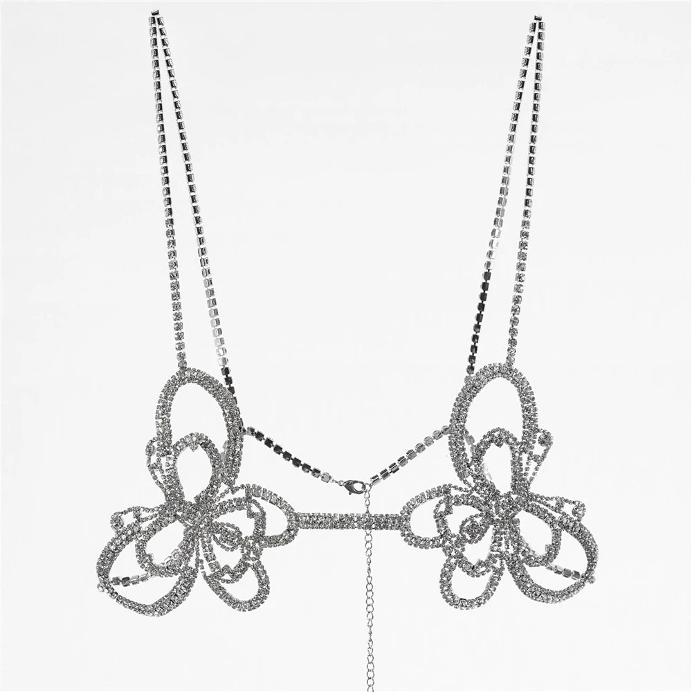 Fashion Butterfly Bra Bikini Top Lingerie for Women Sexy Rhinestone Luxury Crystal Body Chain Harness Necklace Jewelry Party