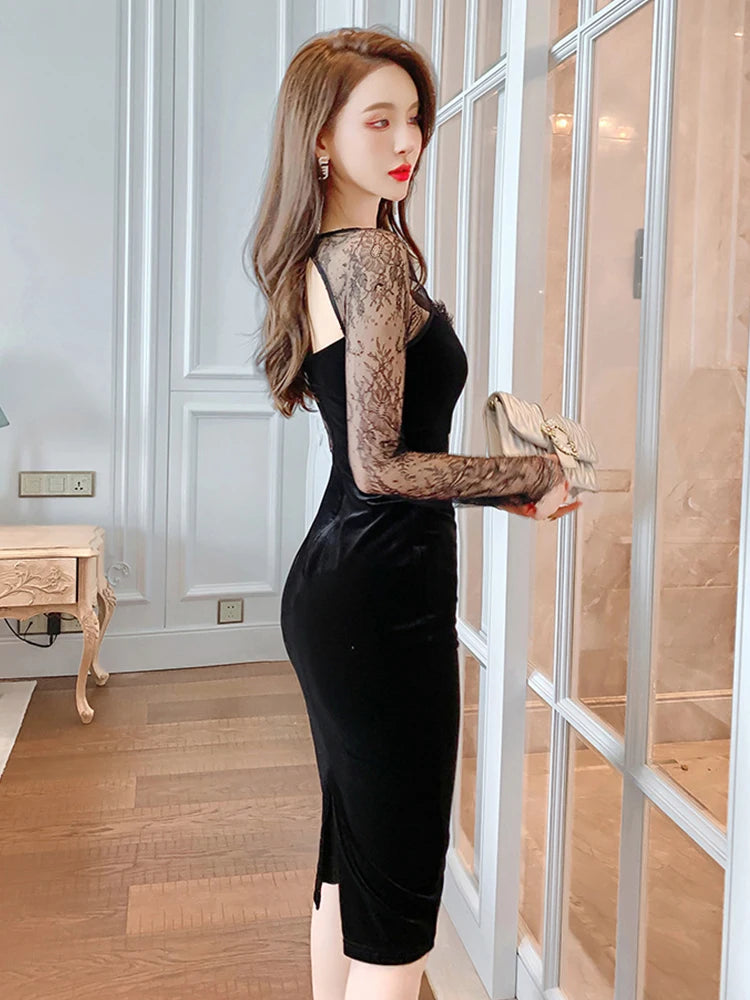 Spring Quality Elegant Sexy Dresses for Women 2023 Black Sheer Lace Hollow Cut Out Backless Midi Robe Femme Party Date Vestidos