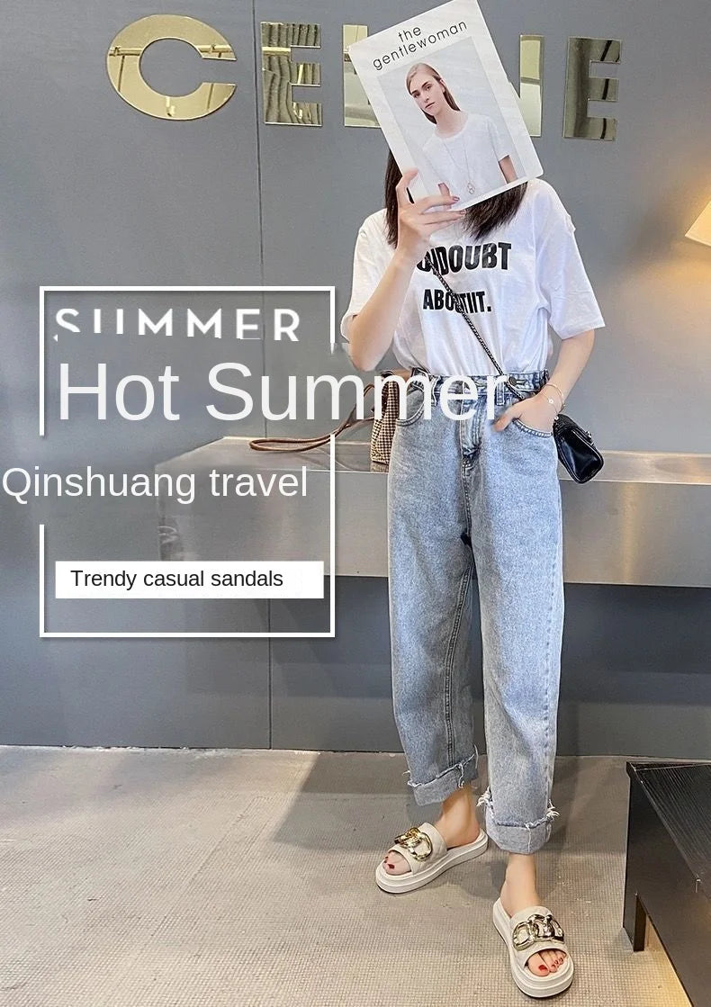 Net Red Fashion Thick Bottom Sandals And Slippers Women's All-match Summer Casual Metal Buckle One-word Slippers