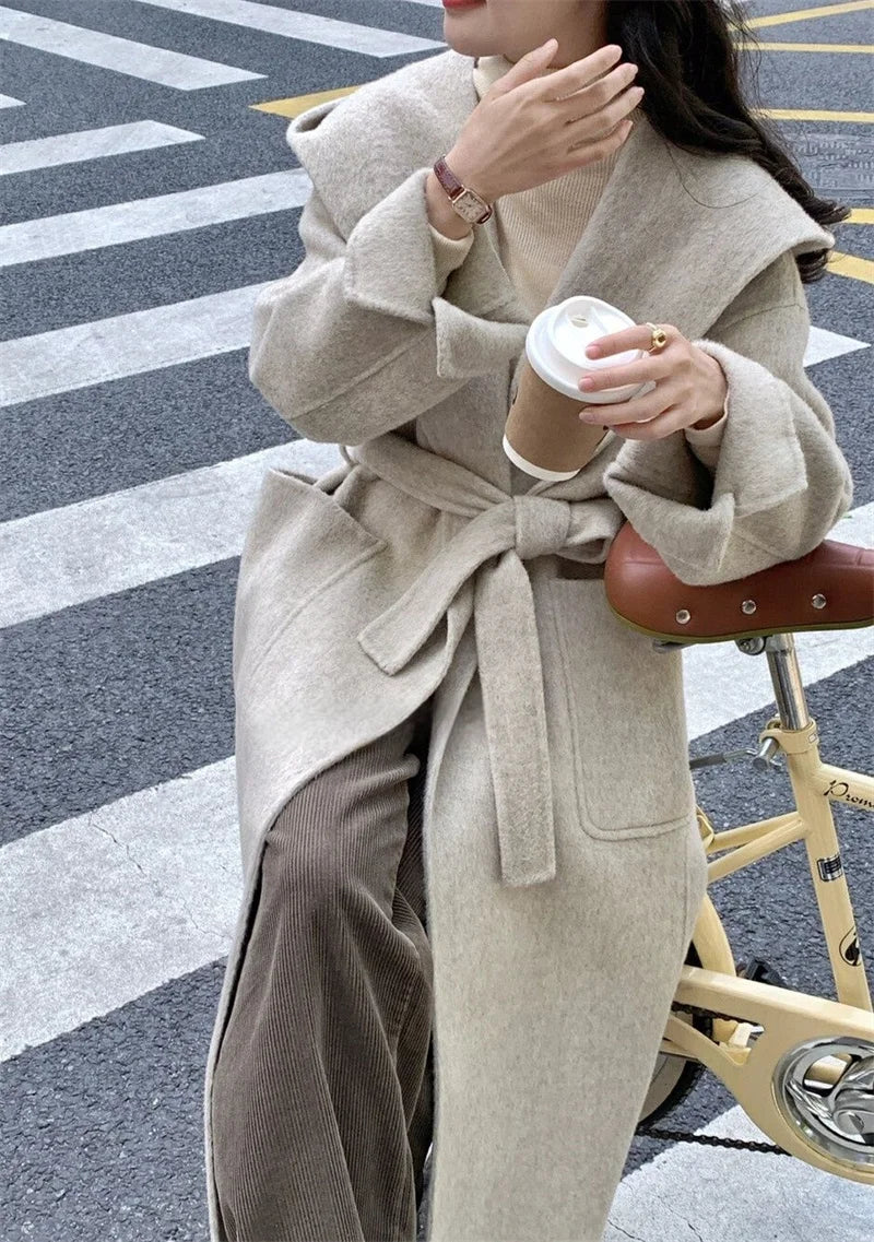 Wool Beige Pocket Belted Long Woolen Coat New Hooded Long Sleeve Women Jacket Fashion Tide Autumn Winter 2025 New