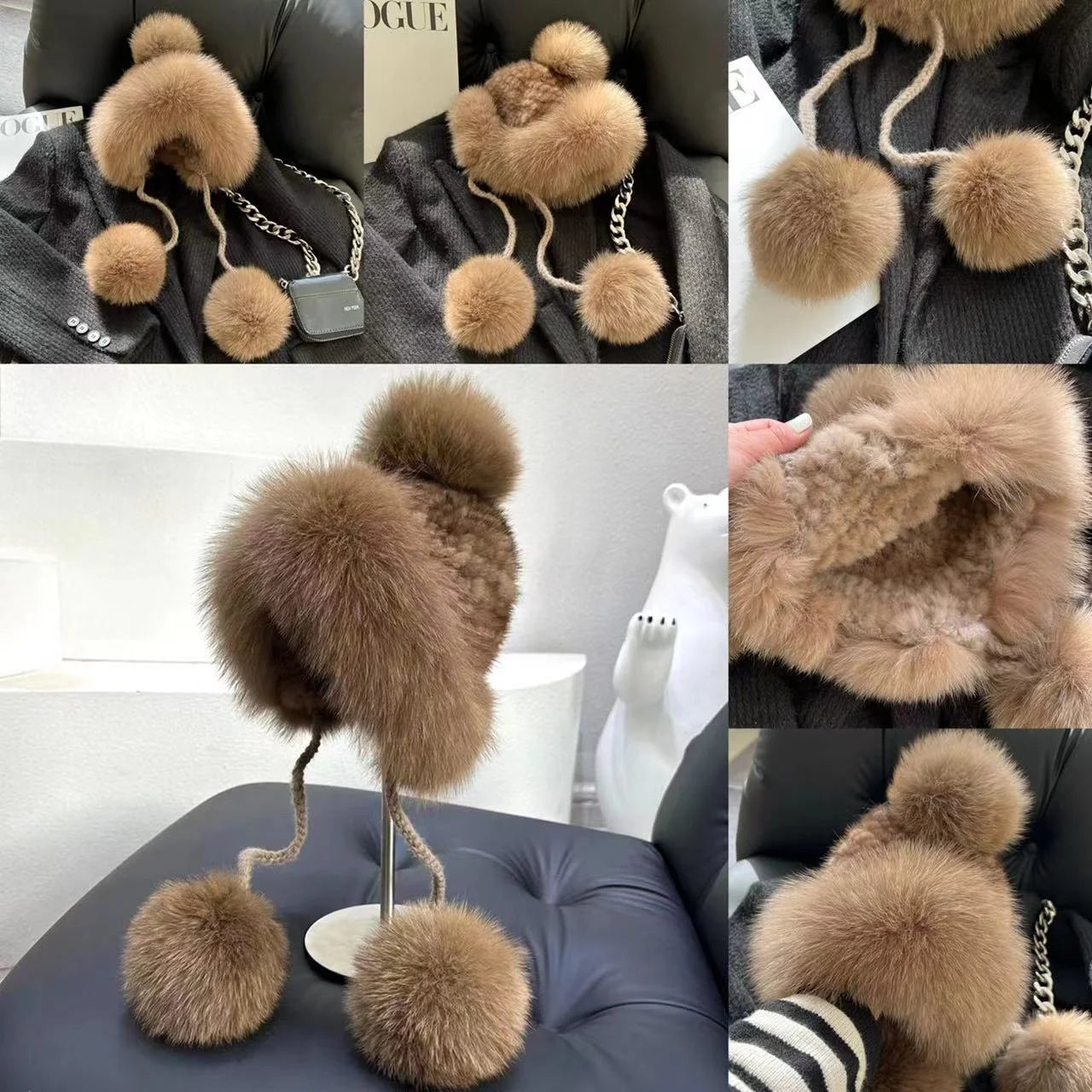 Real Mink Fur Hat For Women Winter Natural Fur Lei Feng Hat With Fox Fur Ball Thicked Ear Protection Hat Female Hand Knitted Hat