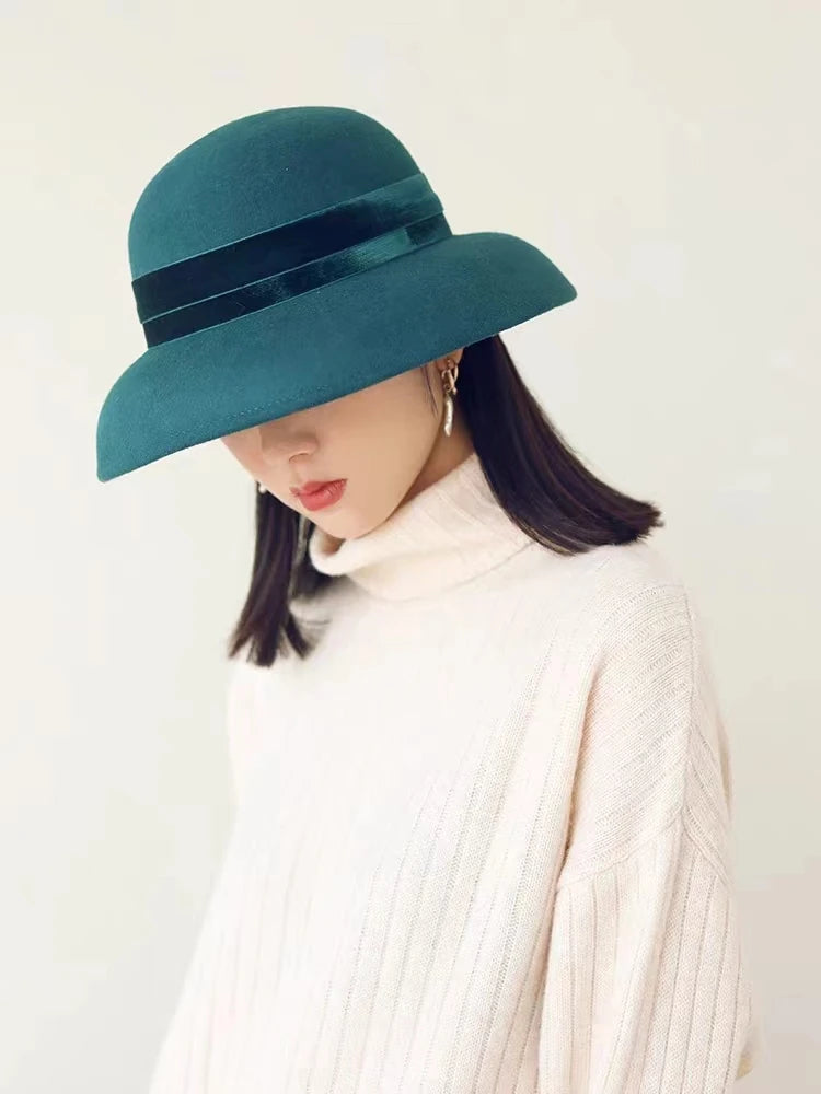 Autumn and Winter 100% Wool Hat Bell Hat Women's French Elegant Retro Hepburn Round Top Big brim Hat
