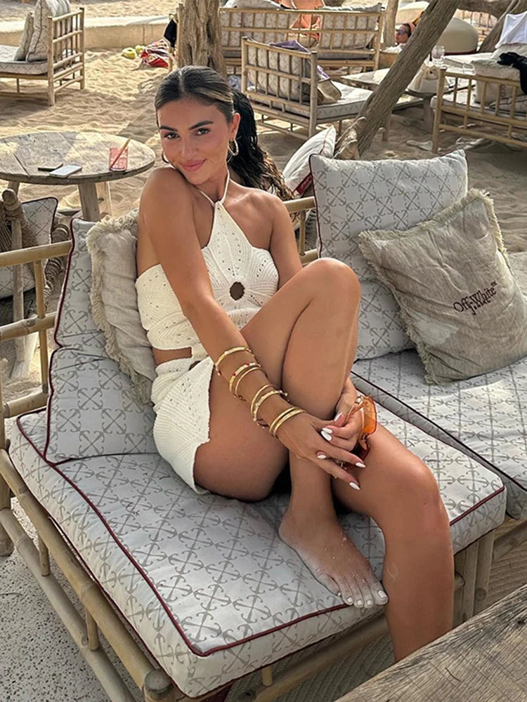 Hollow Out Halter Women Dress Sexy Backless Solid Mini Beach Dress Knitted Irregelar Petaling Short Dresses Female Slim Dress