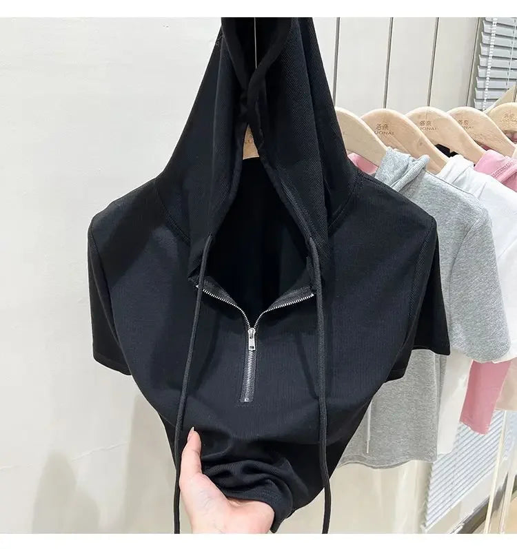 Hoodedslims Women's Double Zip Short Sleeve T-Shirt Cropped Top Sensible Design Polyester Fiber Summer 2025 New Arrival Jacket