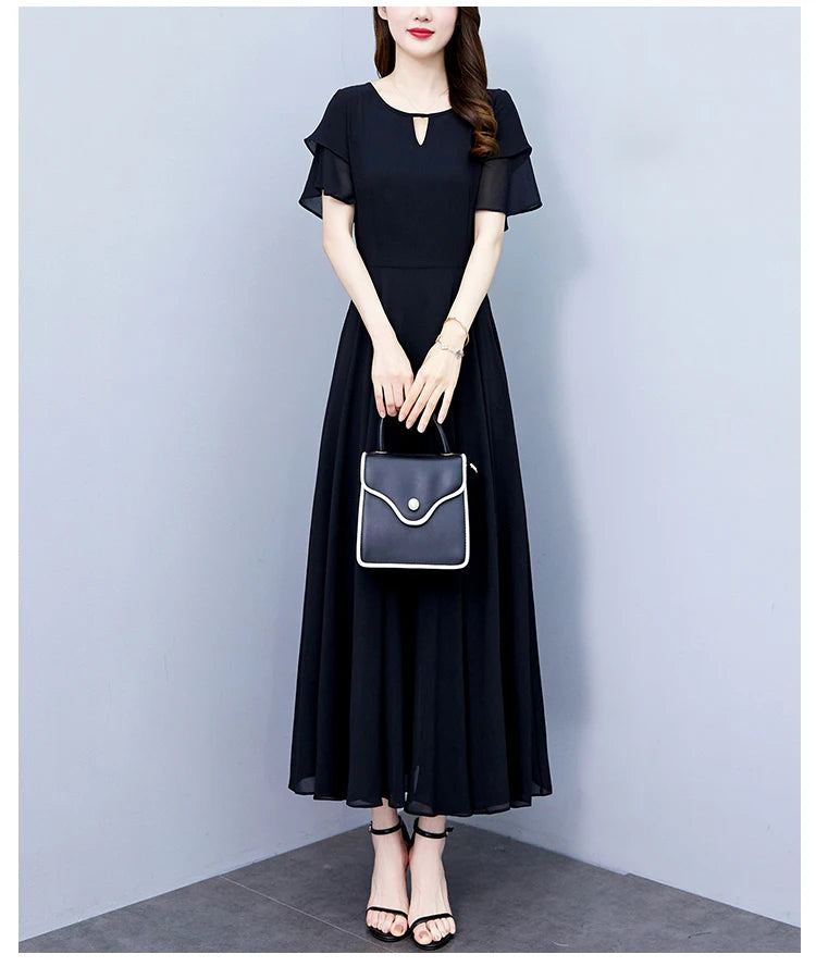 2024 Black Chic Ruffled Short Sleeve Midi Vestidos Women Vintage Hepburn Prom Long Robe Summer Solid Elegant Bodycon Party Dress