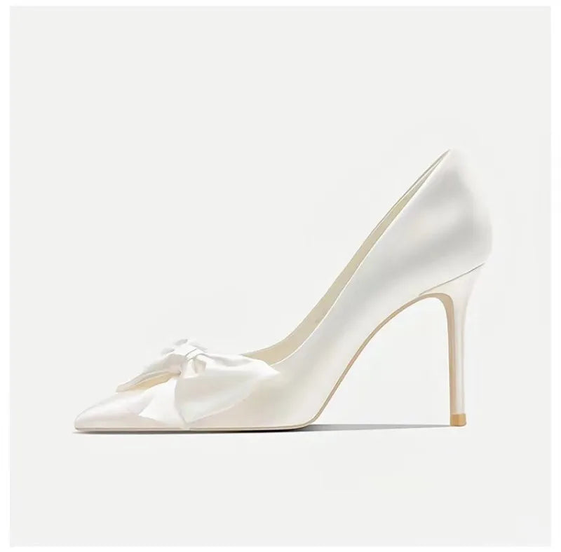 Fashion White Satin Bow Heels Women Pumps Shoes 2023Butterfly High Heels Pumps Elegant Heeled Wedding Shoes