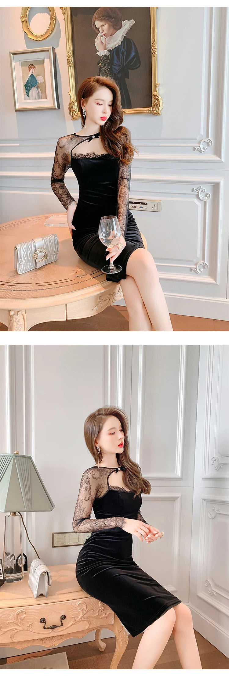 Spring Quality Elegant Sexy Dresses for Women 2023 Black Sheer Lace Hollow Cut Out Backless Midi Robe Femme Party Date Vestidos