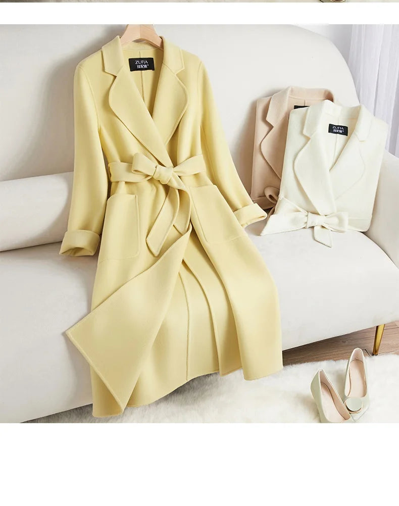 White Belt Double-sided Cashmere Coat Women's 2024 New Fashion Temperament Winter Slim Wool Coat Solid Female Long Windbreaker