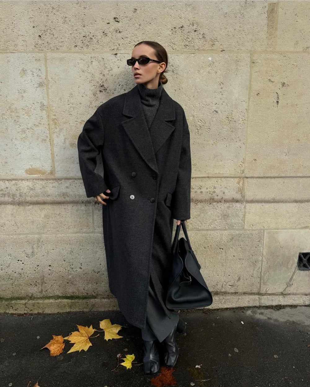 Women's Fashion Casual Loose Long Coat Coat Autumn and Winter Double-breasted Lapel Coat Warm and Soft Solid Colour Coat