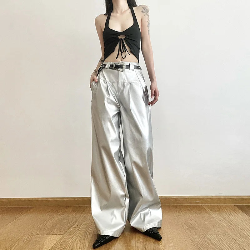 Silver Retro Matte Trendy Personalized All-match Casual High Street Cool Confident Casual Women's Autumn Wide Leg Pants