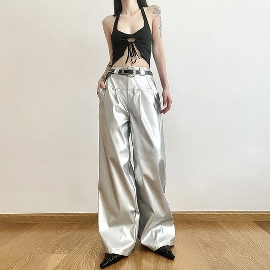 Silver Retro Matte Trendy Personalized All-match Casual High Street Cool Confident Casual Women's Autumn Wide Leg Pants