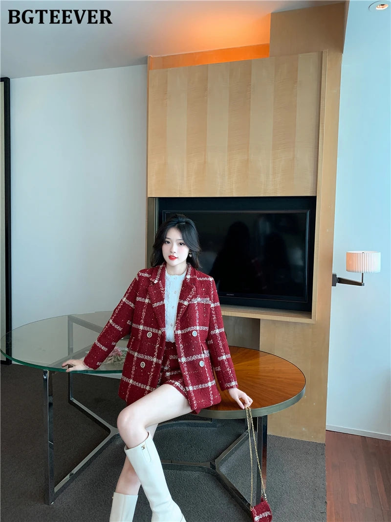 BGTEEVER Winter Thicken Warm Ladies Plaid Blazer Suits Long Sleeve Double Breasted Suit Jackets & Shorts Women 2 Pieces Set