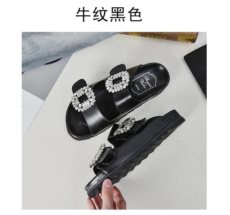 New Trend Women's Slippers Outside 2022 Women's Rhinestone Side Buckle Open Toe Bicyclic Flat-Bottomed Sandals Slippers Girls