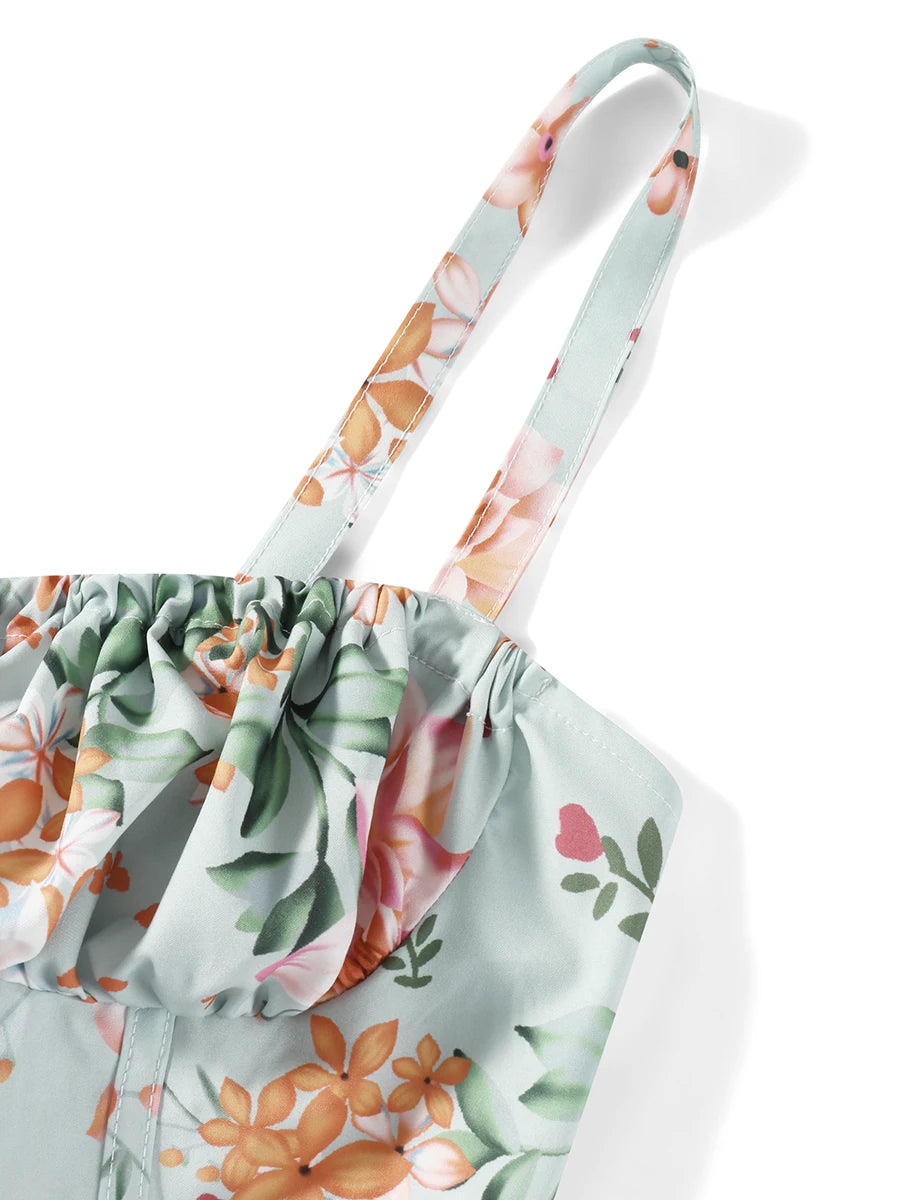 hirigin Floral Print Spaghetti Strap Pleated Midi Dress For Women Summer New Sleeveless Backless A-line Sexy Printed Long Dress