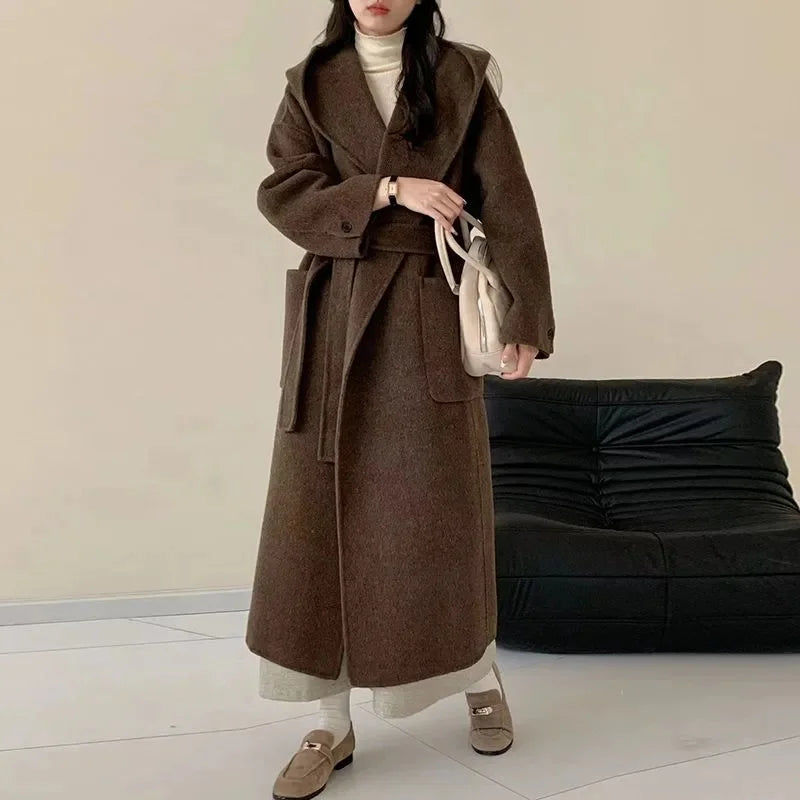 Wool Beige Pocket Belted Long Woolen Coat New Hooded Long Sleeve Women Jacket Fashion Tide Autumn Winter 2025 New