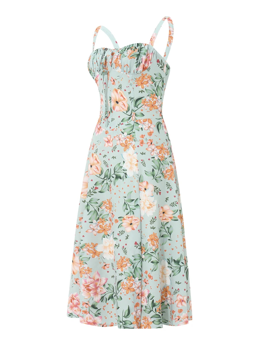 hirigin Floral Print Spaghetti Strap Pleated Midi Dress For Women Summer New Sleeveless Backless A-line Sexy Printed Long Dress