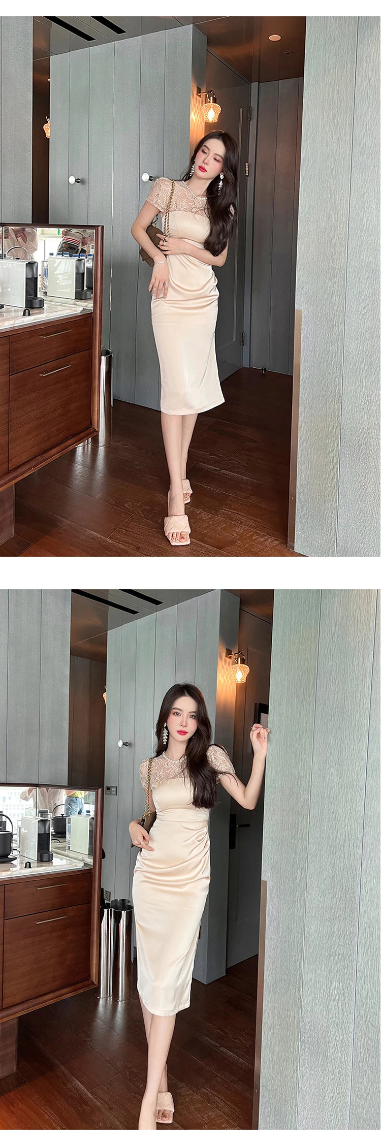 Summer Women Midi Dress Elegant Sheer Lace Satin Panel Shiny Diamond Sequins Pleated Slit Slim Lady Outfit Party Office Vestido