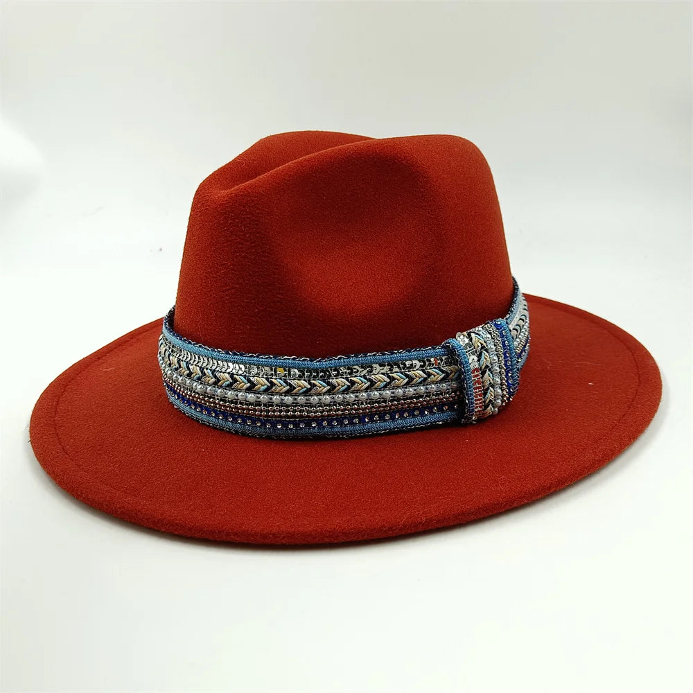 Blue Fedora Hat Pearl Rhinestone Design for Men and Women Panama Church Cap Fashionable Elegant Vintage Felt Hat fedoras