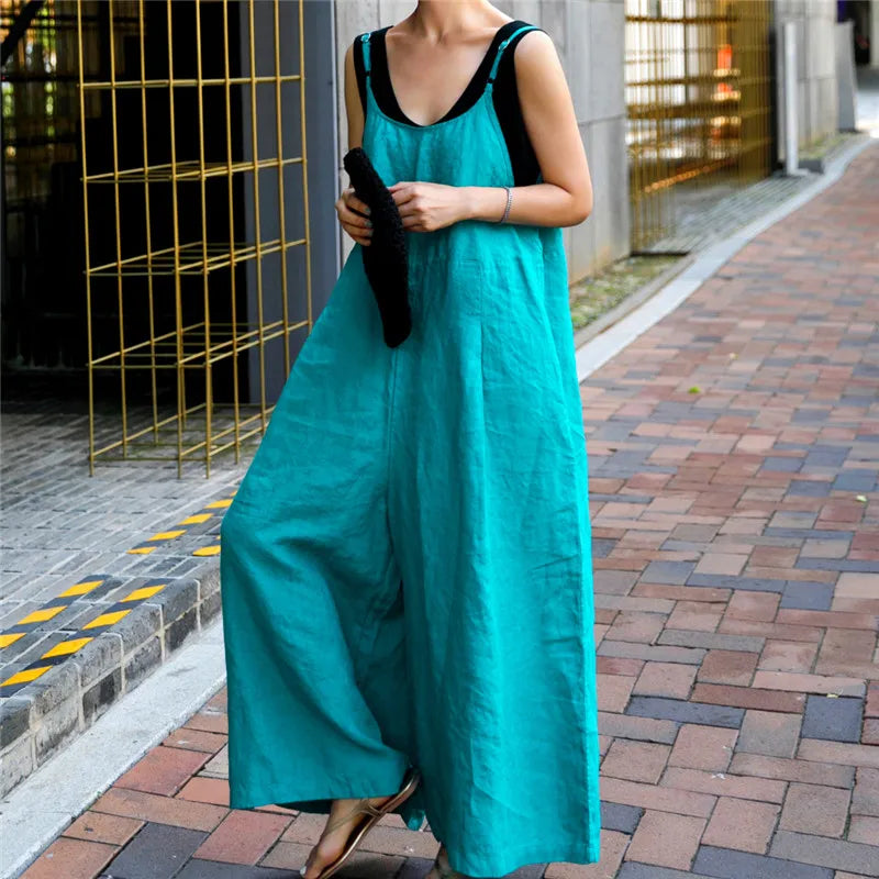 Women's Cotton and Linen Wide leg Jumpsuit Bf Casual Trousers Skirt Strappy Hemp Sling One Piece Pants
