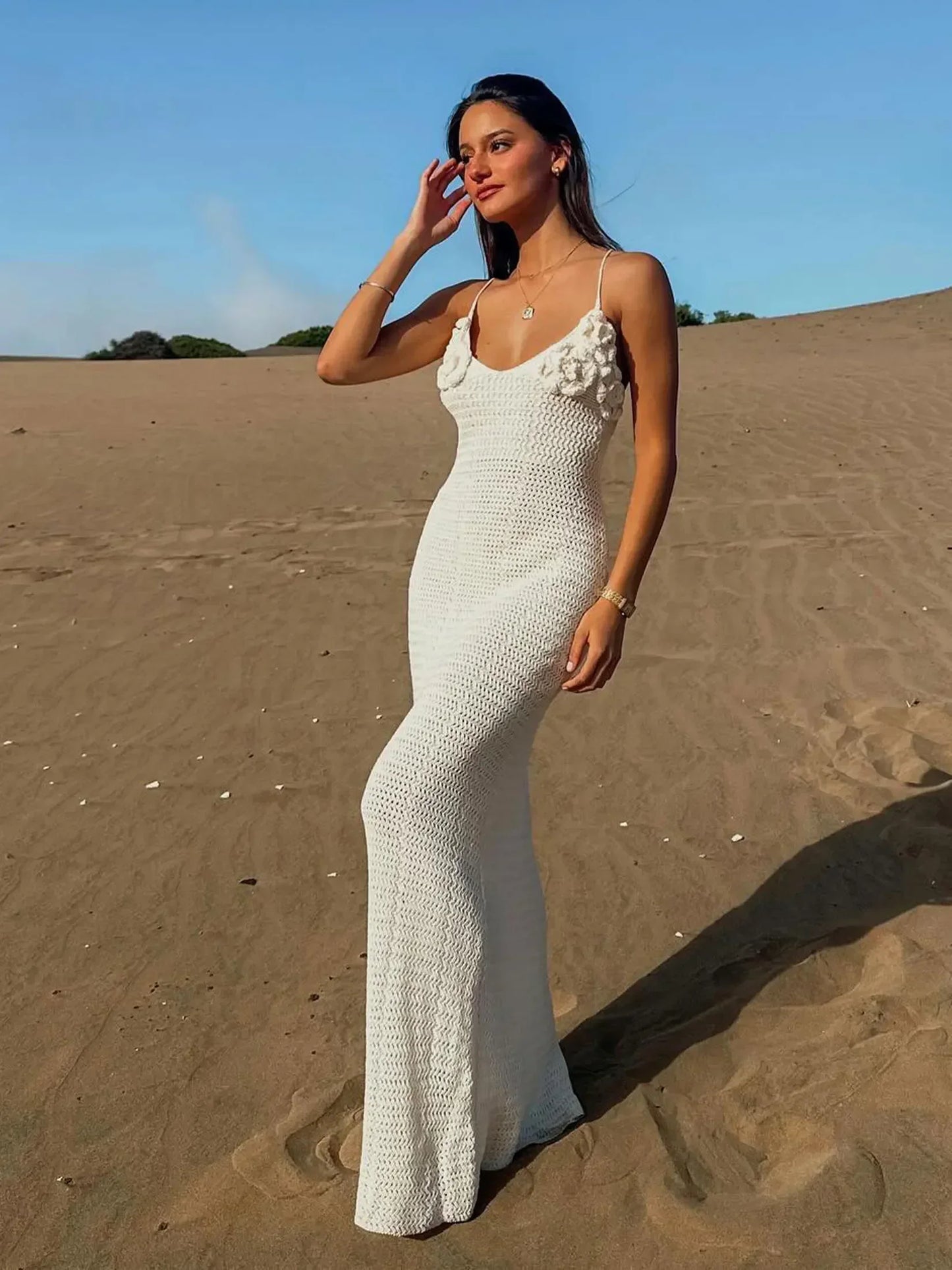White Knit Cut Out Spaghetti Strap Flower Long Dress Sexy V Neck Bodycon Beach Maxi Dress 2025 Summer Women Holiday Outfit K79