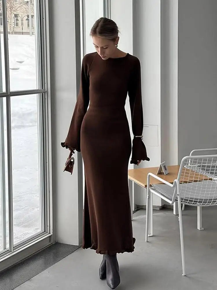Elegant Roll Edge Party Dress For Women Long Sleeve O Neck Slim Flare Sleeve Long Robes 2025 New Lady High Street Evening Gown