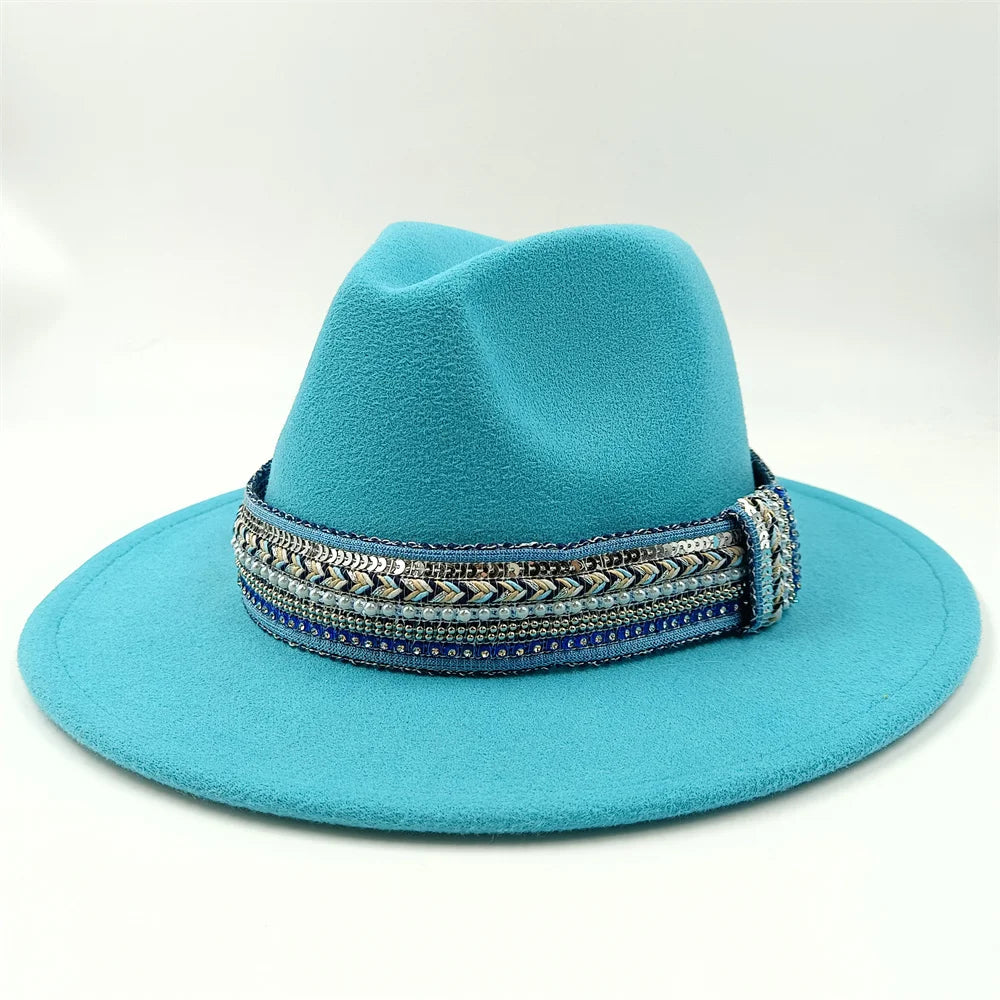 Blue Fedora Hat Pearl Rhinestone Design for Men and Women Panama Church Cap Fashionable Elegant Vintage Felt Hat fedoras