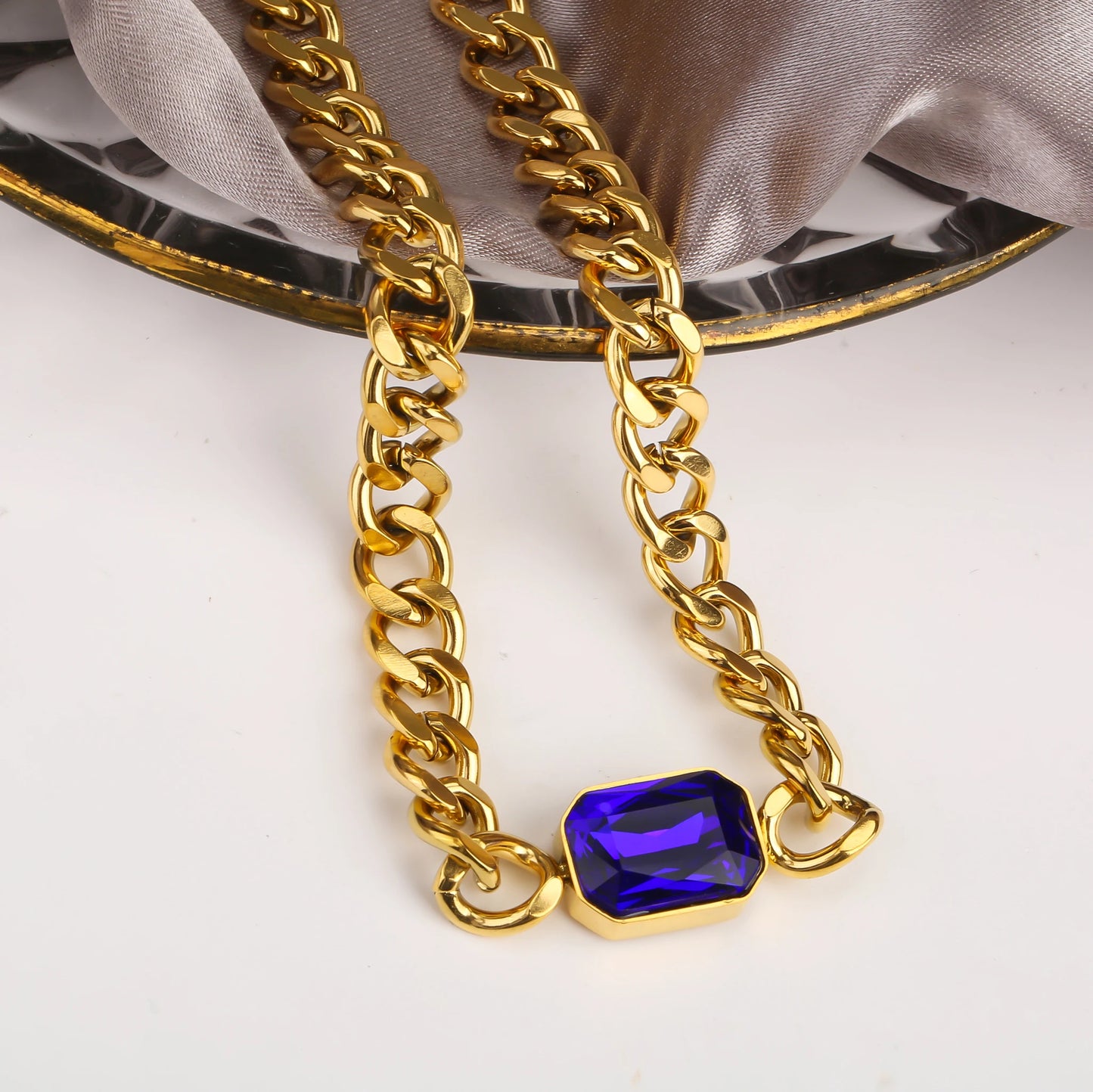 Personalized Rectangle Colorful Crystal Six-Sided Polished Cuban Chain Necklace Bracelet Set For Woman Stainless Steel Jewelry