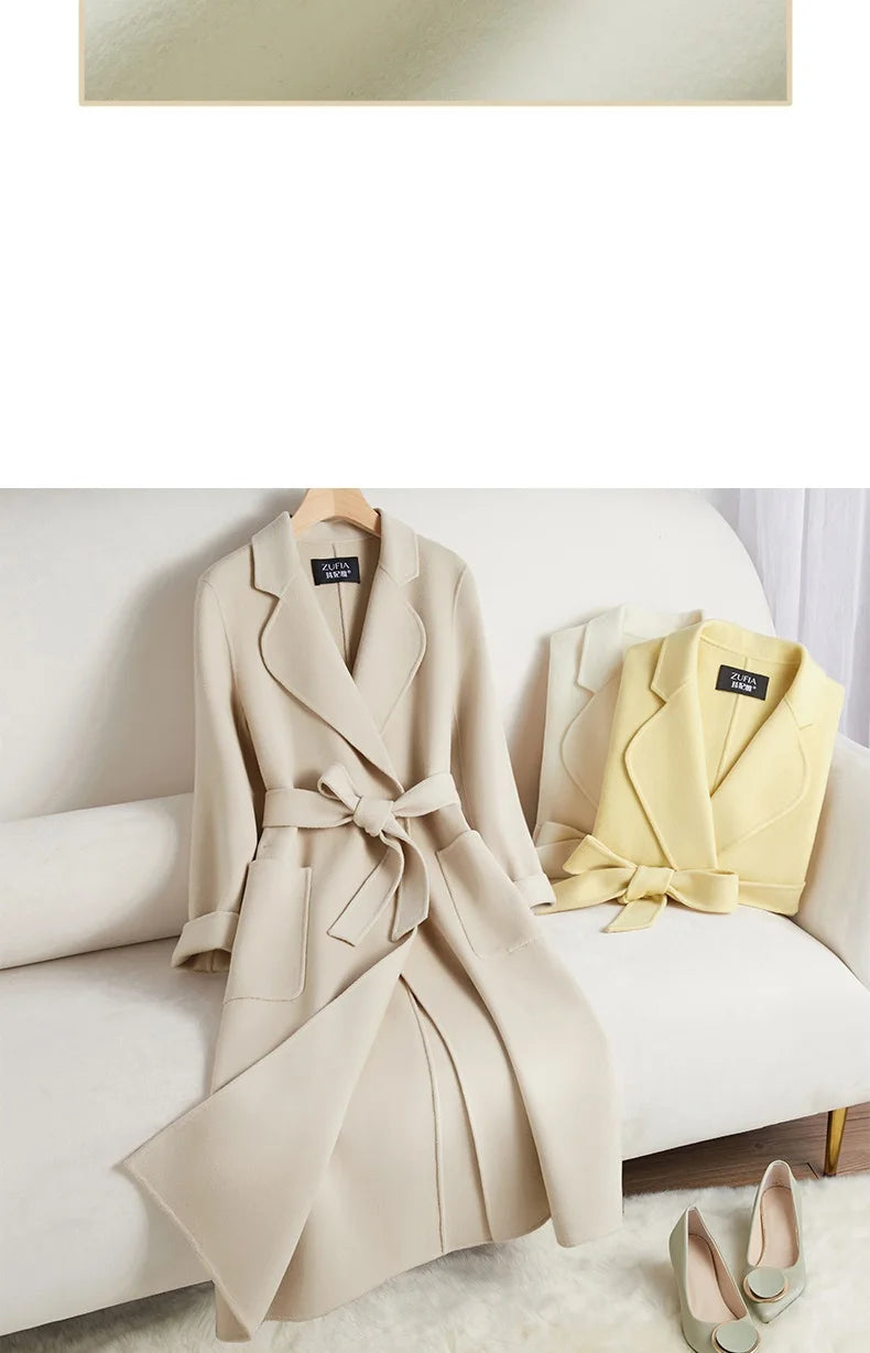 White Belt Double-sided Cashmere Coat Women's 2024 New Fashion Temperament Winter Slim Wool Coat Solid Female Long Windbreaker