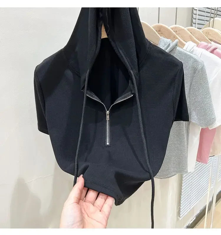 Hoodedslims Women's Double Zip Short Sleeve T-Shirt Cropped Top Sensible Design Polyester Fiber Summer 2025 New Arrival Jacket