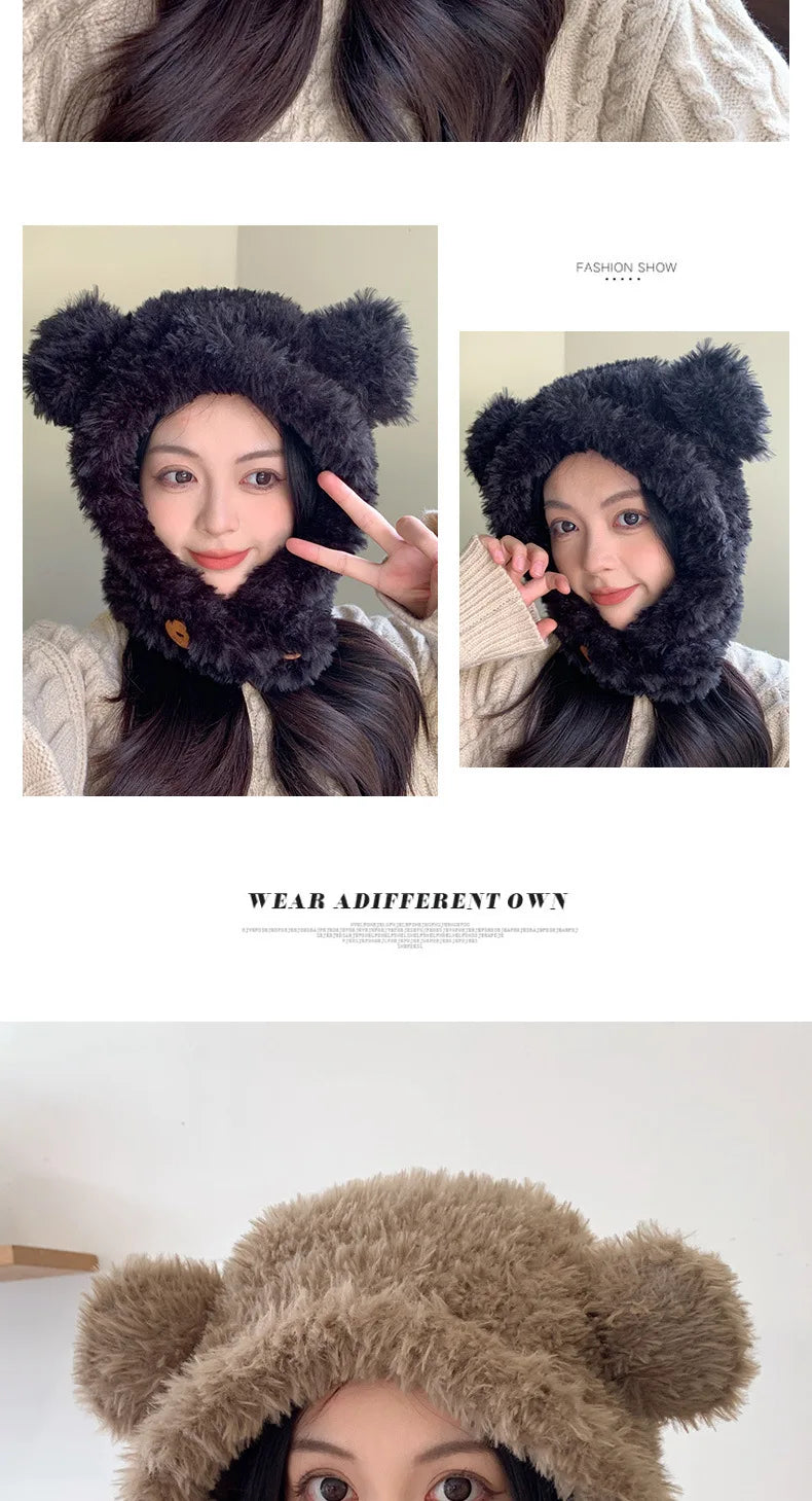 Plush bear ear hat woman winter thick cold lovely windproof neck protector scarf neck integrated hat