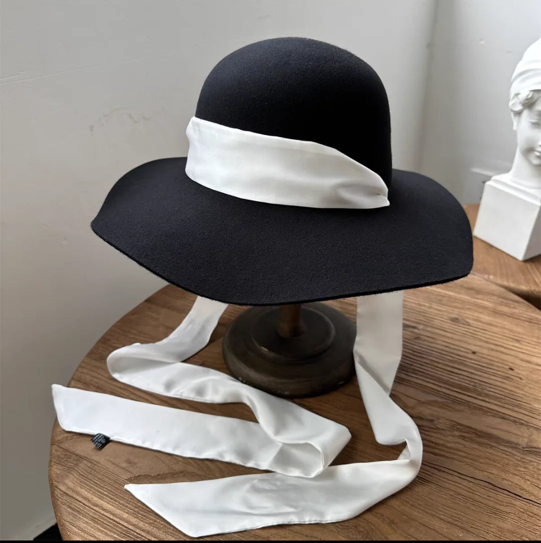 Autumn and Winter 100% Wool Hat Bell Hat Women's French Elegant Retro Hepburn Round Top Big brim Hat