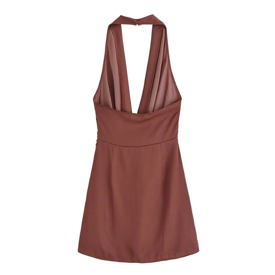 MYST&ZA2025 new summer women's clothing casual fashion comfortable slim sexy inlaid backless midi halter neck short dress