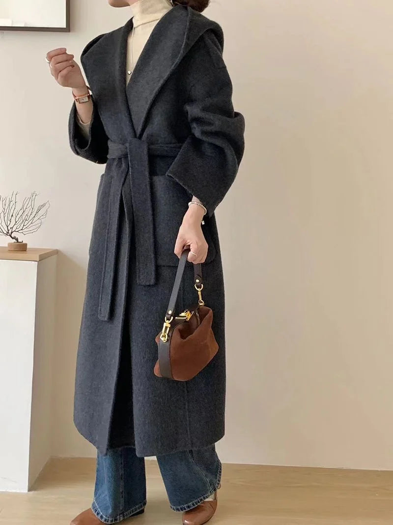 Wool Beige Pocket Belted Long Woolen Coat New Hooded Long Sleeve Women Jacket Fashion Tide Autumn Winter 2025 New