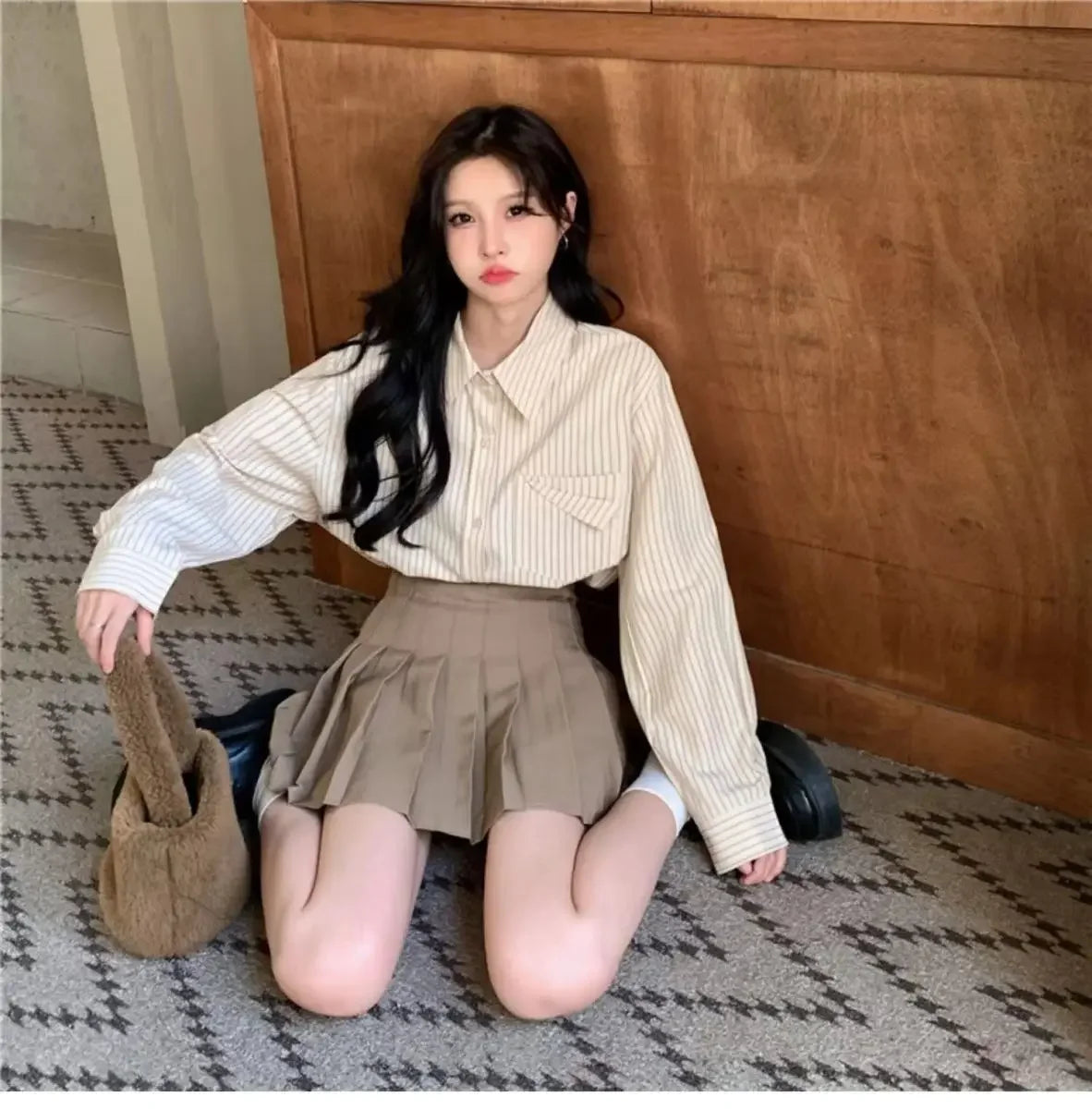 korean fashion Shirts for Women Loose Versatile Long Sleeves Blouse Pocket Casual Spring New Blue Striped Women's Shirt