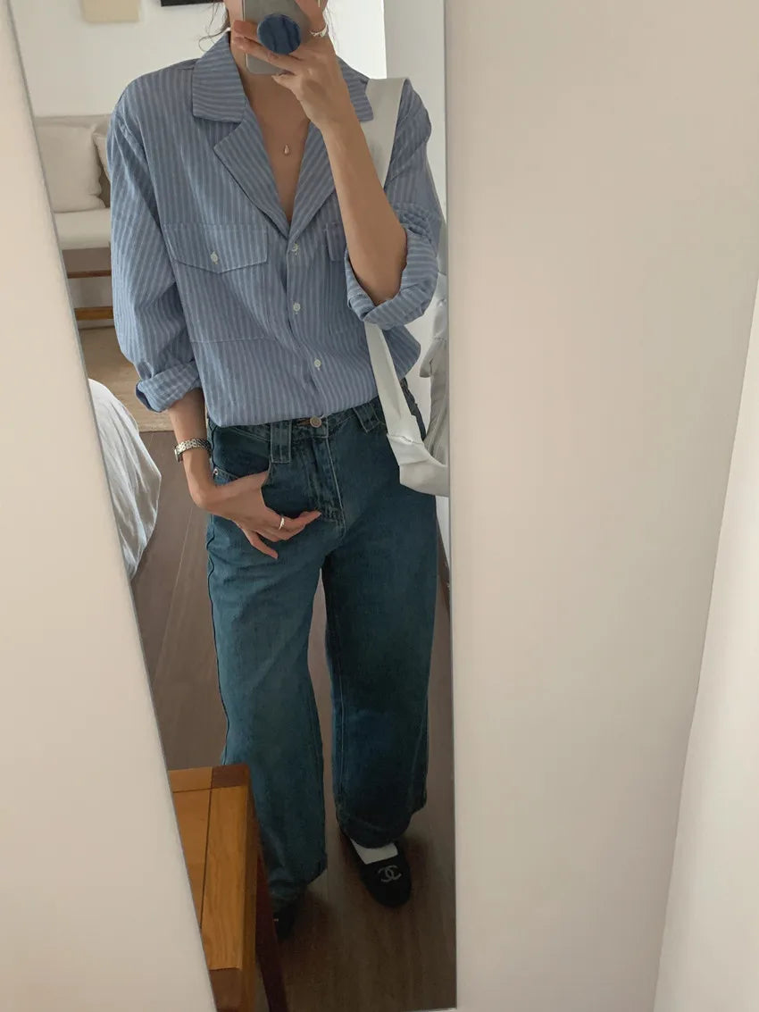 Chic Autumnal Vintage Loose Fit Long Sve Blue Striped irt Women's Faion Versatile Double ket Suit Collar Outfit