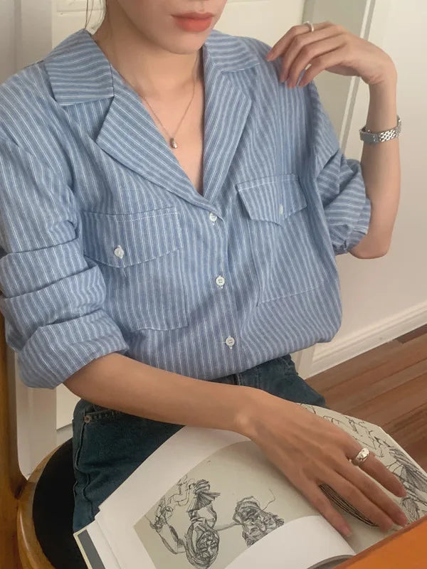 Chic Autumnal Vintage Loose Fit Long Sve Blue Striped irt Women's Faion Versatile Double ket Suit Collar Outfit