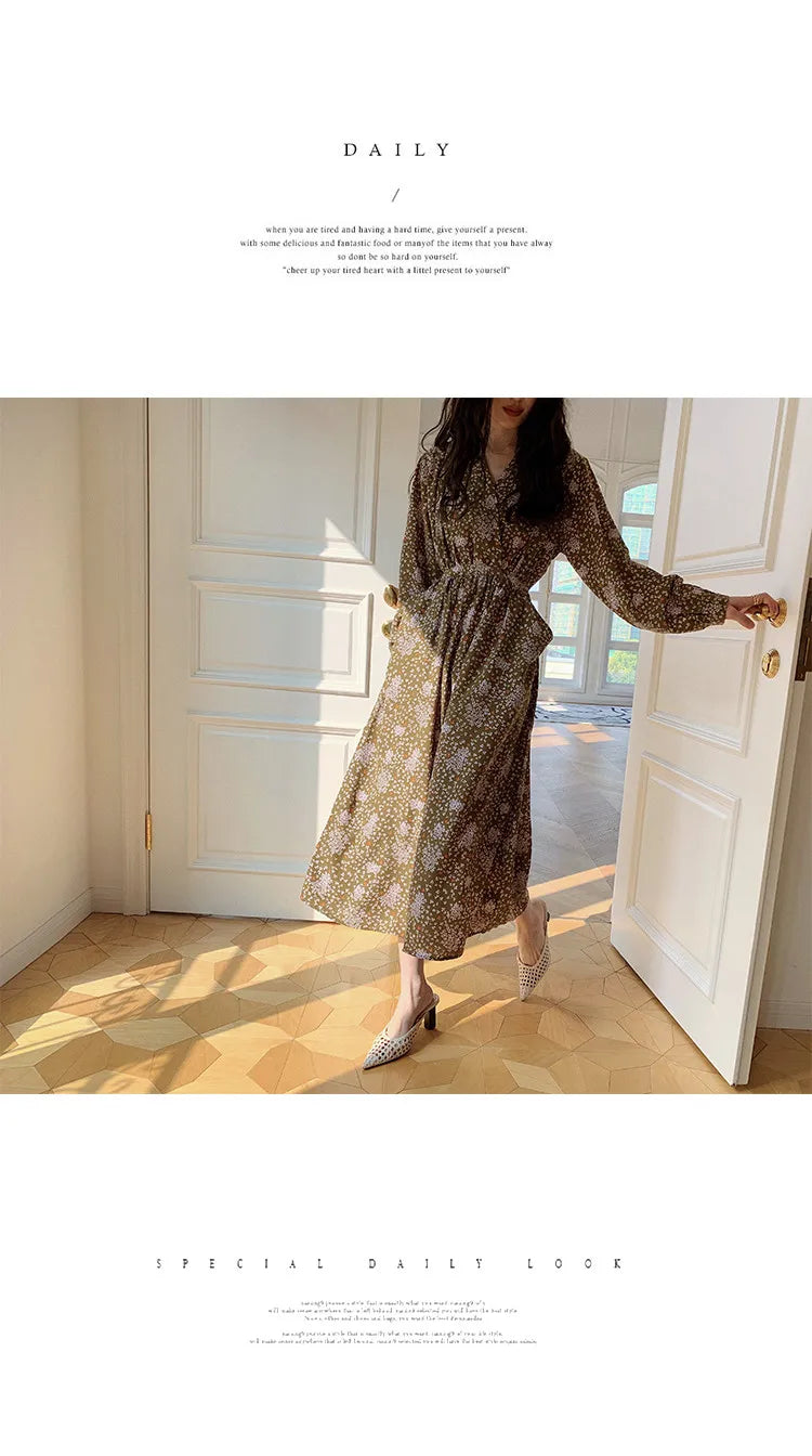 ARTKA 2023 Spring New Women Dress Elegant Loose Puff Sleeve Prints Dresses V-Neck High Waist A-Line Chiffon Long Dress A22LA055C