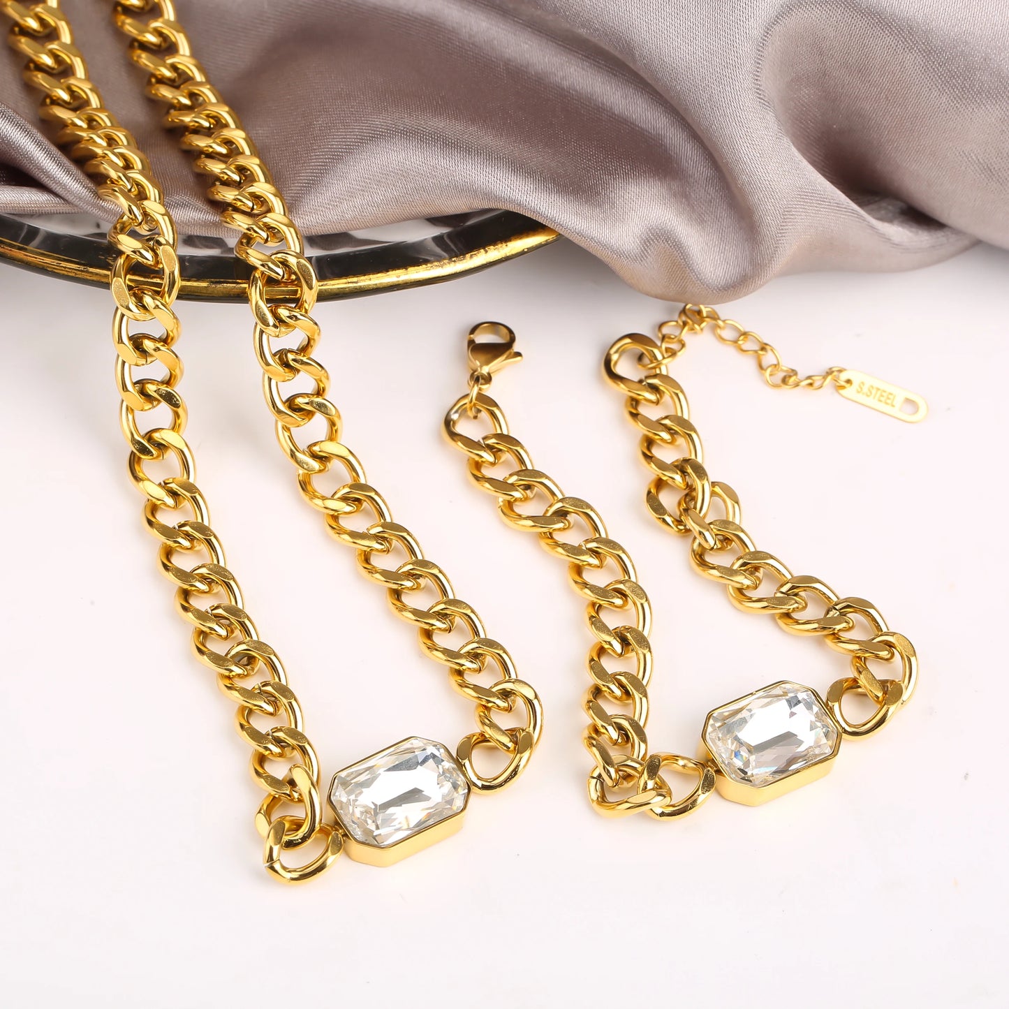 Personalized Rectangle Colorful Crystal Six-Sided Polished Cuban Chain Necklace Bracelet Set For Woman Stainless Steel Jewelry