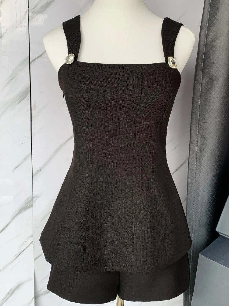 Aoi Summer Y2k Women 2 Piece Suit French Back Bowknot Collar Luxury Diamond Spaghetti Vestidos Sexy Strap Camisole+Shorts Set